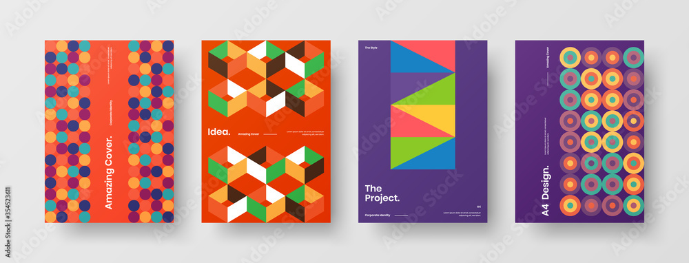 Company identity brochure template collection. Business presentation vector A4 vertical orientation front page mock up set. Corporate report cover abstract geometric illustration design layout bundle. Company identity brochure template collection. Business presentation vector A4 vertical orientation front page mock up set. Corporate report cover abstract geometric illustration design layout bundle.