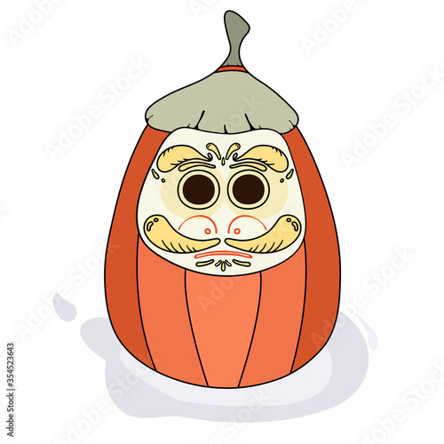 Halloween pumpkin in japanese style. Daruma doll pumpkin. Halloween conceptual design. Comics style. For poster, card, flyer for party or thematic event, greetings, home decor. Vector illustration.