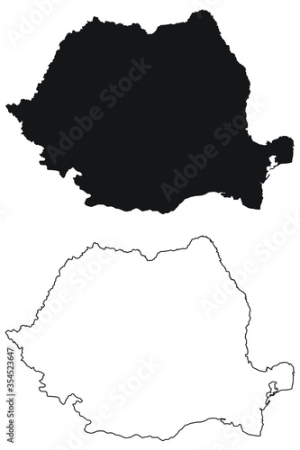 Romania Country Map. Black silhouette and outline isolated on white background. EPS Vector