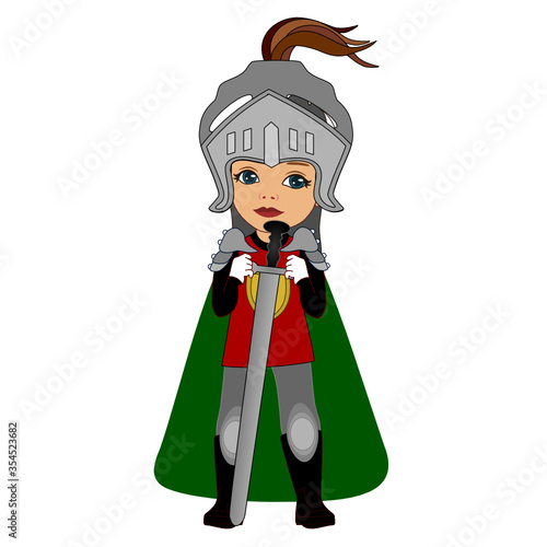 emoji with medieval boy knight in shining armor with helmet and shell drawing his sword at the opponent for a fight or duel, colored vector emoticon 