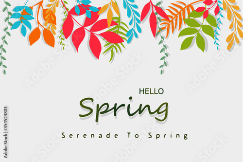 Hello spring typography. Lettering spring season with leaf is colorful for greeting card, invitation template, retro, vintage banner, poster, background and label tag spring sale.