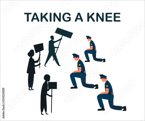 Police taking a knee, stop violence, protest against black killings, protesters, policeman, people holding posters, vector stock illustration isolated on white background