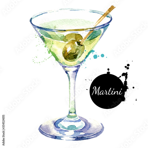 Hand drawn sketch watercolor cocktail Martini. Vector isolated food illustration