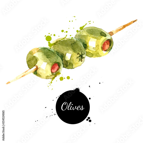 Hand drawn sketch watercolor skewer of olives. Vector isolated food illustration
