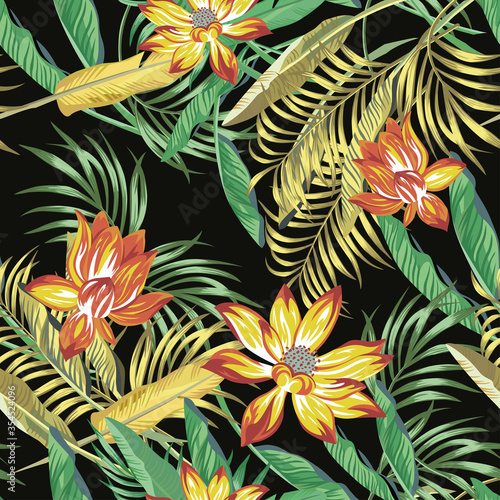 Fototapeta Naklejka Na Ścianę i Meble -  Beautiful fiery color exotic tropical flowers lotus, lily and green, golden color palm, banana, fern leaves seamless vector pattern on black background. Beach summer trendy illustration.