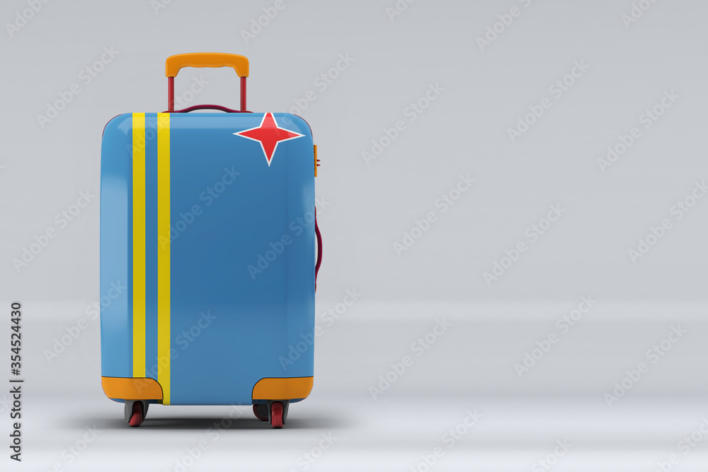 Aruba national flag on a stylish suitcases on color background. Space for text. International travel and tourism concept. 3D rendering. Aruba national flag on a stylish suitcases on color background. Space for text. International travel and tourism concept. 3D rendering.