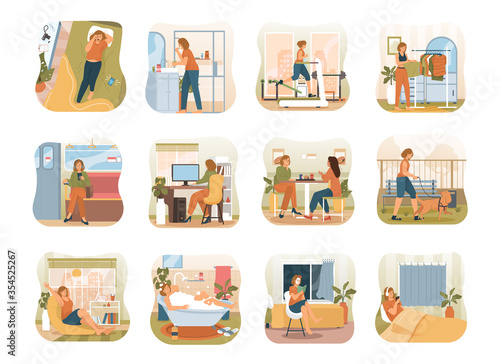 Daily life of a young woman. Set of daily routine scenes. Waking up in the morning, brushing teeth, doing sports, working, taking a bath and going to sleep