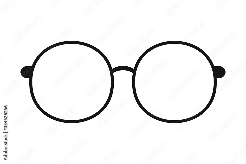 Fototapeta premium Round glasses icon. Silhouette of glasses, isolated white background. Modern cool graphic design. Black plastic eyeglasses.