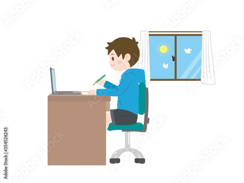 リモート学習する男の子のイラスト