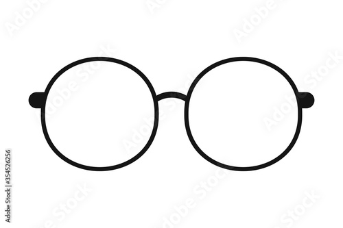 Round glasses icon. Silhouette of glasses, isolated white background. Modern cool graphic design. Black plastic eyeglasses.