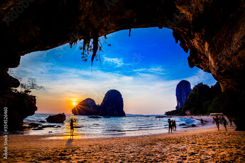Clear water, blue sky at cave beach Phra Nang, Krabi province, Thailand.
