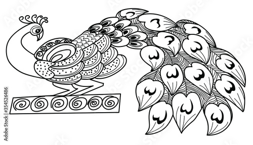hand drawn vector illustration of a Peacock with feathers and spirals 
