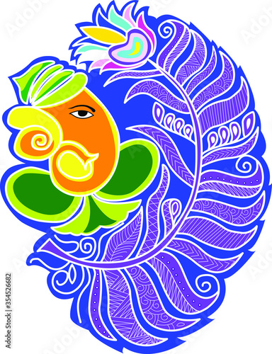 Colorful vector illustration of Lord Ganesha with peacock feather 