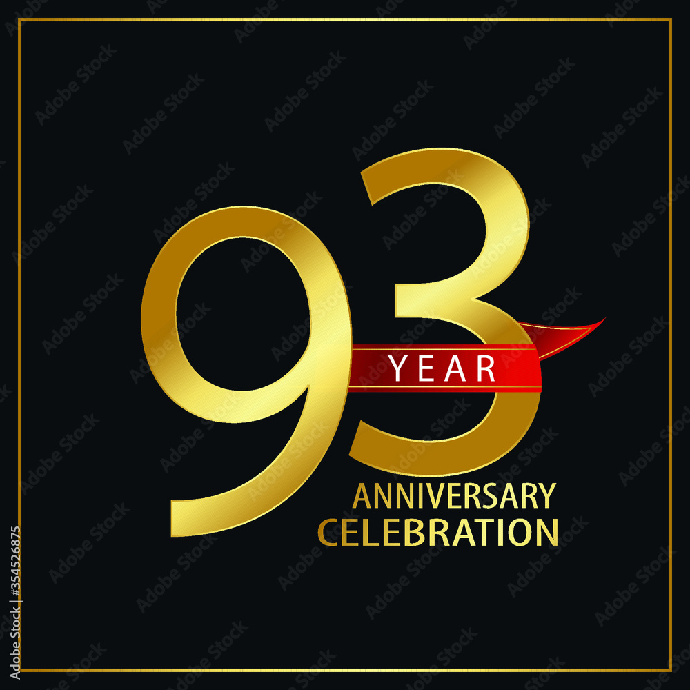 93 year minimalist logo years, jubilee, greeting card. Red and Gold Ribbons for Birthday invitation. Sign Ribbon Gold space vector illustration on black background - Vector 93 year minimalist logo years, jubilee, greeting card. Red and Gold Ribbons for Birthday invitation. Sign Ribbon Gold space vector illustration on black background - Vector