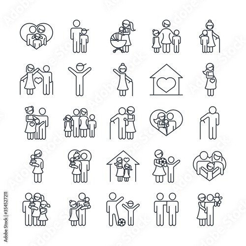 family day, father mother kids grandparents characters, set icon in outline style