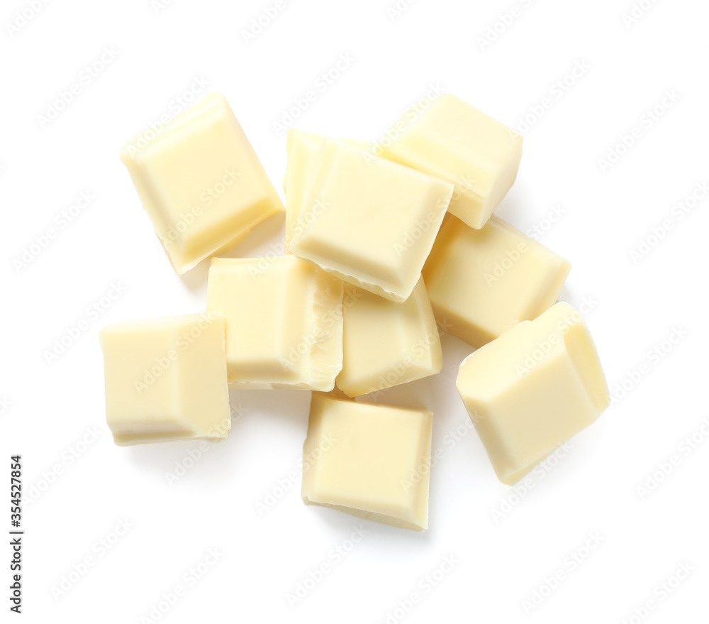 Pieces of delicious chocolate isolated on white, top view Pieces of delicious chocolate isolated on white, top view