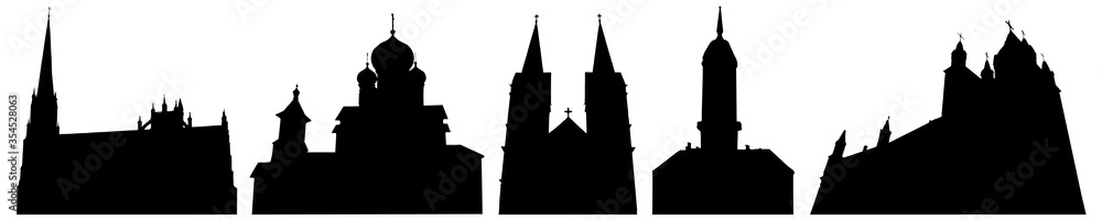 Silhouettes of churches and cathedrals in Belarus, set. Vector illustration.