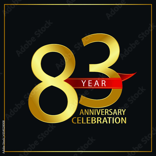 83 year minimalist logo years, jubilee, greeting card. Red and Gold Ribbons for Birthday invitation. Sign Ribbon Gold space vector illustration on black background - Vector