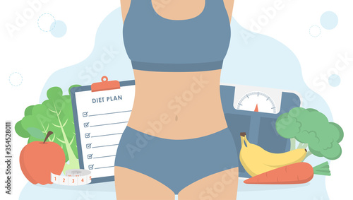 Woman body with diet plan on clipboard, weight scale, measuring tape, fruits and vegetables on background. Healthy lifestyle, weight loss and nutrition consultation concept. Flat vector illustration.