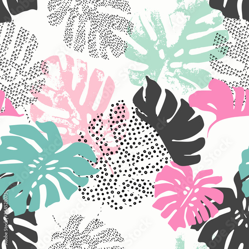 Abstract monstera leaf in scandinavian colors, vector seamless pattern.