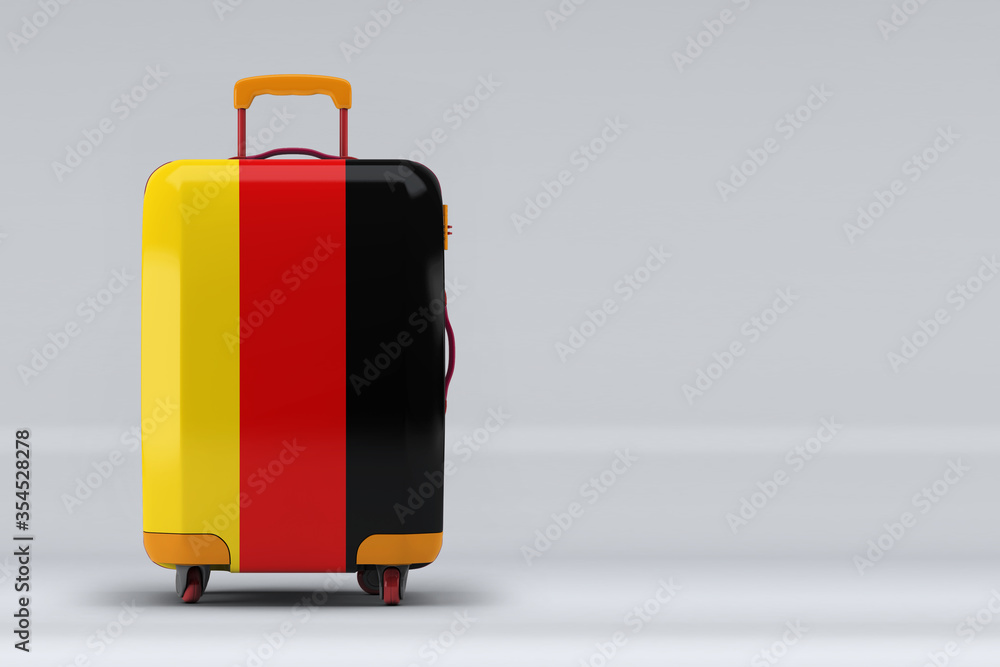 Germany national flag on a stylish suitcases on color background. Space for text. International travel and tourism concept. 3D rendering. Germany national flag on a stylish suitcases on color background. Space for text. International travel and tourism concept. 3D rendering.