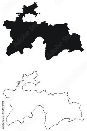 Tajikistan Country Map. Black silhouette and outline isolated on white background. EPS Vector