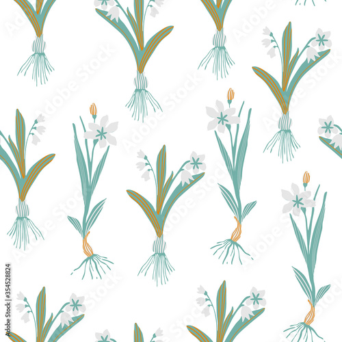 Botanical floral seamless pattern. Blooming spring flowers with bulbs in a row