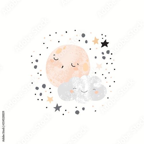 Cute moon sleeping on a smiling cloud.