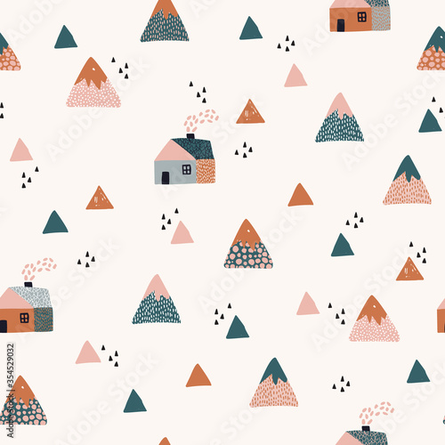 Abstract houses in the mountains seamless pattern. Cute geometric and doodle woodland background.