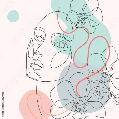 Female face one line drawing with minimal shapes, curved lines and beautiful orchids
