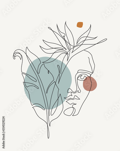 Modern continuous line art of ancient greek goddess statue with geometric shapes, tropical florals: banana leaf, strelitzia flower.