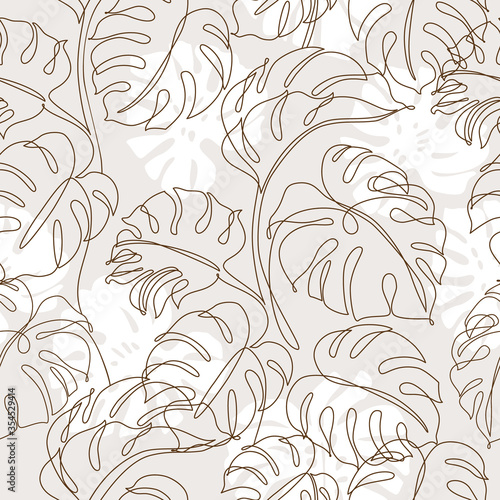 Minimal tropical art. Tropical monstera leaves silhouette and line art on pastel beige background