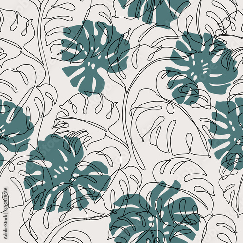 Minimal tropical art. Tropical monstera leaves silhouette and line art on pastel beige background