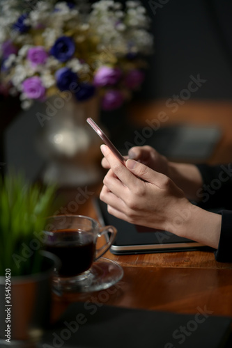Businesswoman using smartphone while sitting at wooden counter bar in coffee shop