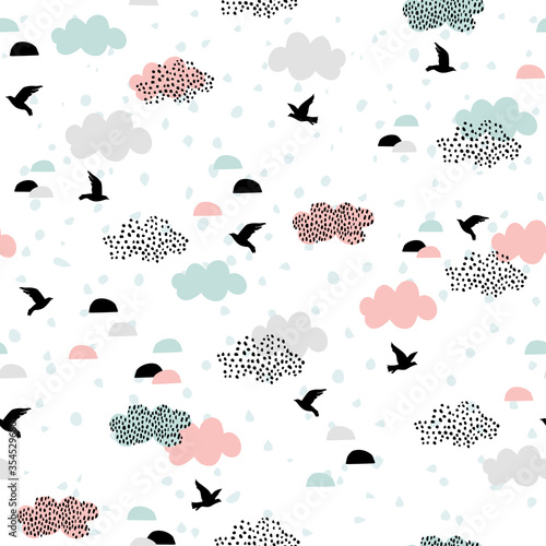 Cute cartoon flying birds and clouds. Geometric natural seamless pattern in scandinavian minimal style