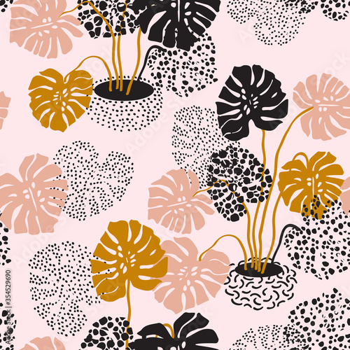 Abstract monstera flowers seamless pattern. Tropical houseplant in textured pots background