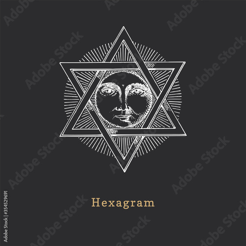 Pentagram and Sun, vector illustration in engraving style. Vintage pastiche of esoteric and occult sign. Drawn sketch.