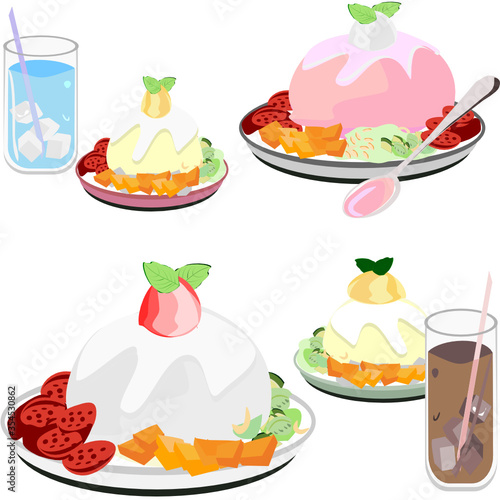 Ice cream  strawberry and mango ice cream  whipped cream and coffee and blueberry juice Vector illustration Summer dessert