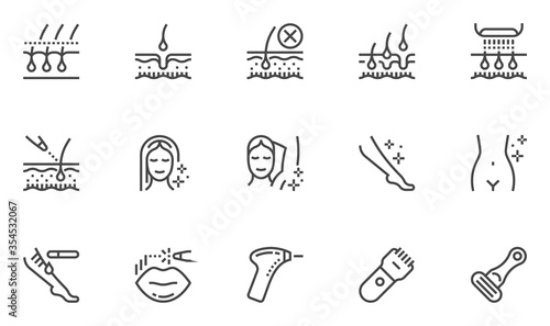 Hair Removal Vector Line Icons. Laser Epilation and Cosmetology. Smooth Skin. Body Face Hair Removal Methods. Shaving and Waxing. Editable Stroke. 48x48 Pixel Perfect.