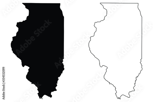 Illinois IL state Maps. Black silhouette and outline isolated on a white background. EPS Vector