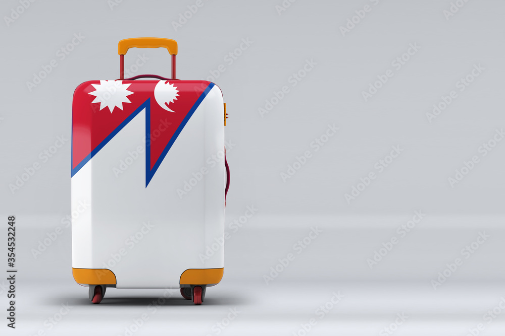 Nepal national flag on a stylish suitcases on color background. Space for text. International travel and tourism concept. 3D rendering. Nepal national flag on a stylish suitcases on color background. Space for text. International travel and tourism concept. 3D rendering.