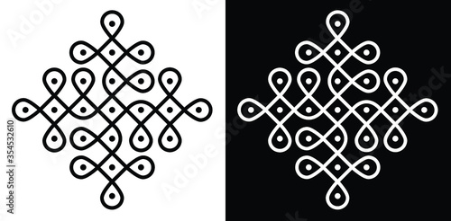 Indian Traditional and Cultural Rangoli or kolam design concept of curved lines and dots isolated on black and white background