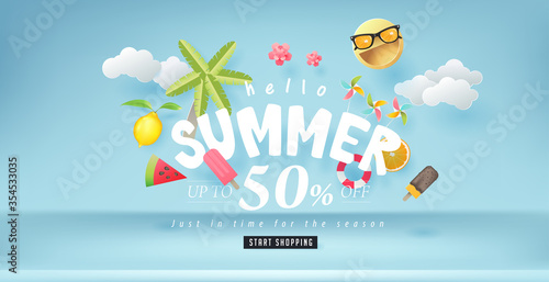 Summer sale design with paper cut summer elements background.Vector illustration template.