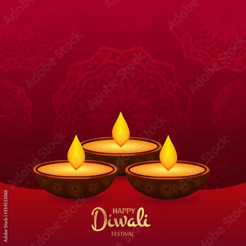 Happy Diwali greeting card red and gold color concept. India festival of lights holiday invitations template, banner, card, postcard. Vector illustration.
