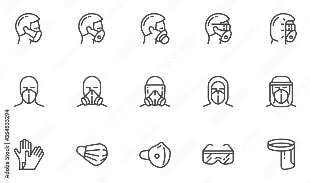 Personal Protective Equipment Vector Line Icons. PPE for Infection Control. Medical Protective Clothing, Gloves, Face Shield, Goggle, Facemask. Editable Stroke. 48x48 Pixel Perfect. - obrazy, fototapety, plakaty 