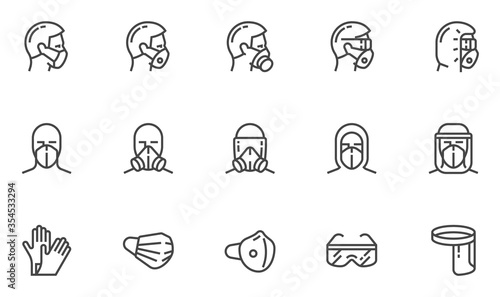 Personal Protective Equipment Vector Line Icons. PPE for Infection Control. Medical Protective Clothing, Gloves, Face Shield, Goggle, Facemask. Editable Stroke. 48x48 Pixel Perfect.