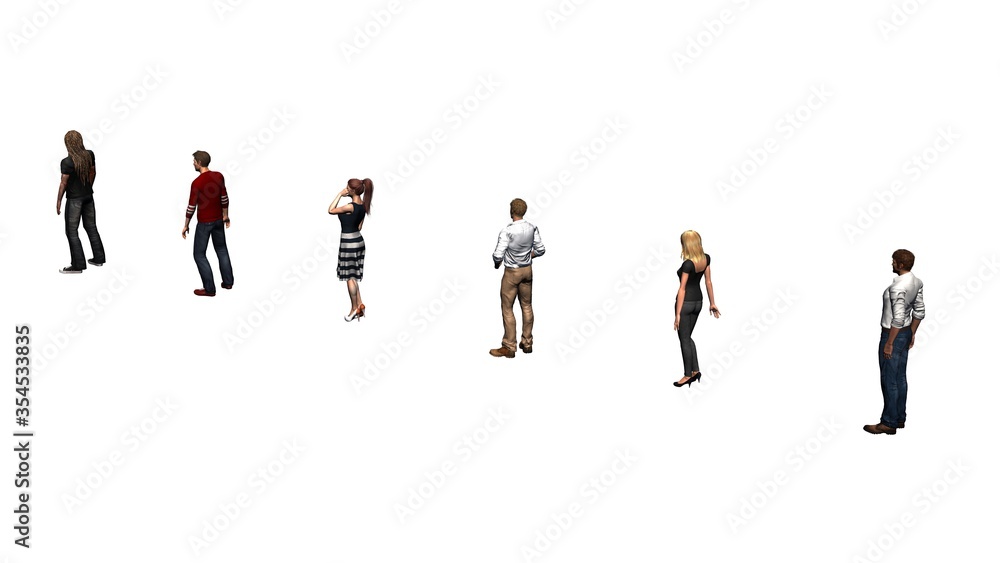 keep distance - people wait in a row with distance - isolated on white background - 3D illustration