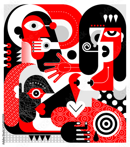 Red, black and white colors modern art portrait of a woman with bare breasts who shocking others, vector illustration.