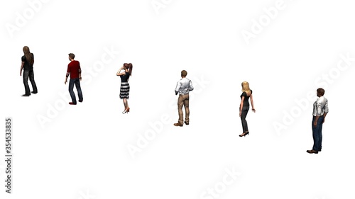 keep distance - people wait in a row with distance - isolated on white background - 3D illustration