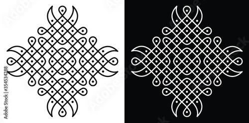 Indian Traditional and Cultural Rangoli or kolam design concept of curved lines and dots isolated on black and white background
